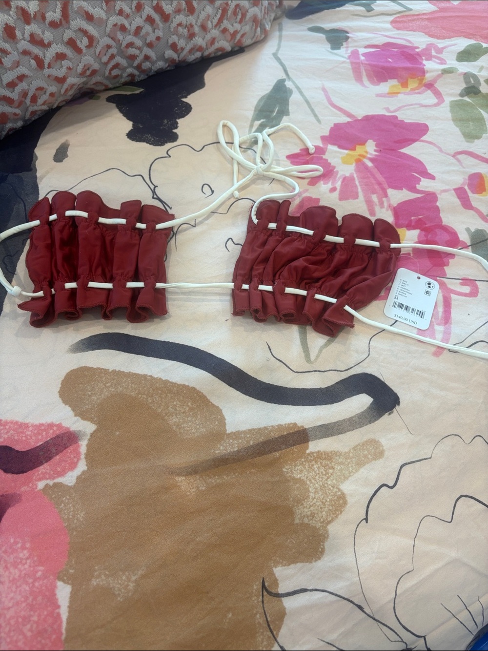 Free People Gathered Swim Hat in Deep Red with White Ties